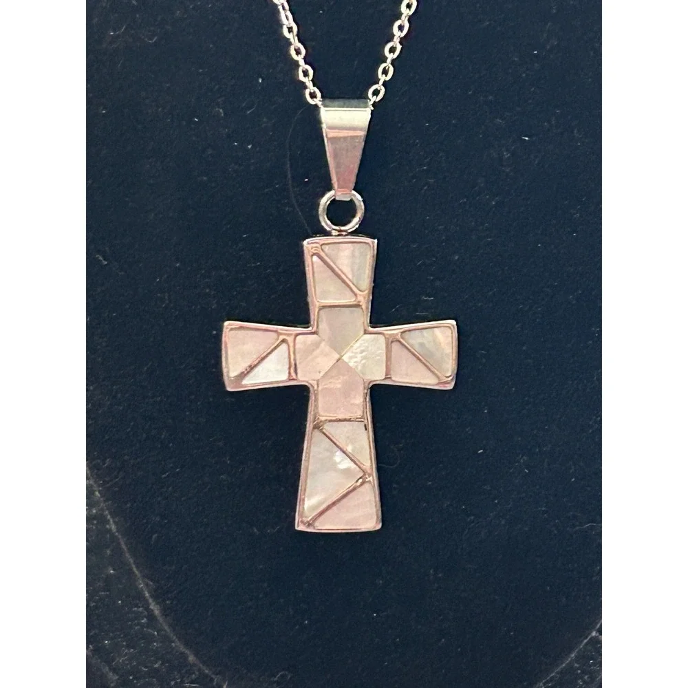 Mother of Pearl Cross Necklace – Stainless Steel Religious‎ Pendant